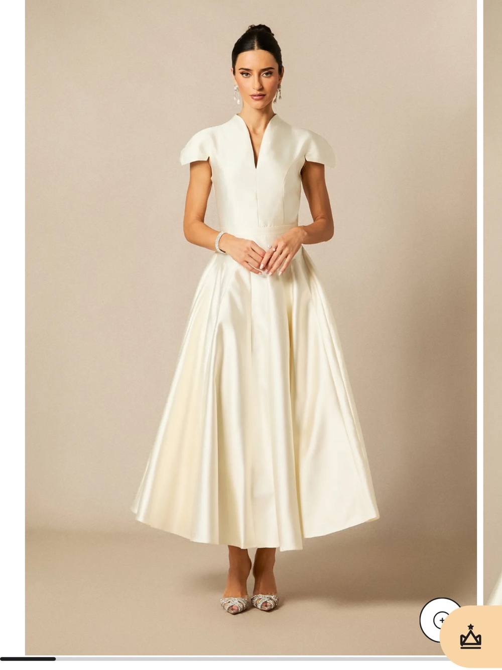 Ivory Midi Dress with Cap Sleeves and V-Notch Neckline